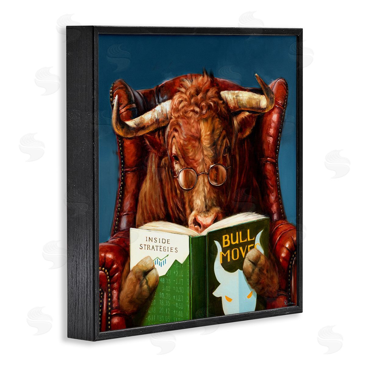 Lucia Heffernan Bull Reading Book Spectacles Red Leather Chair   Black Framed Glicee Wall Art Print