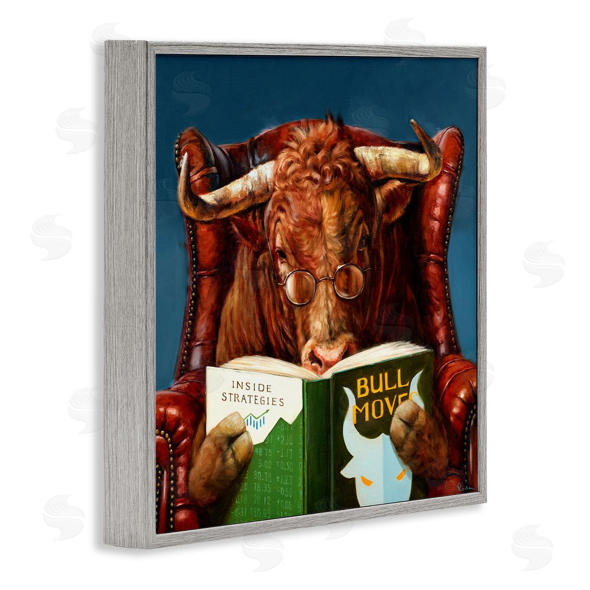 Lucia Heffernan Bull Reading Book Spectacles Red Leather Chair   Gray Framed Glicee Wall Art Print