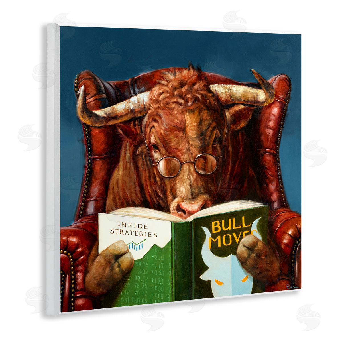 Lucia Heffernan Bull Reading Book Spectacles Red Leather Chair   Wooden Wall Plaque Art Print