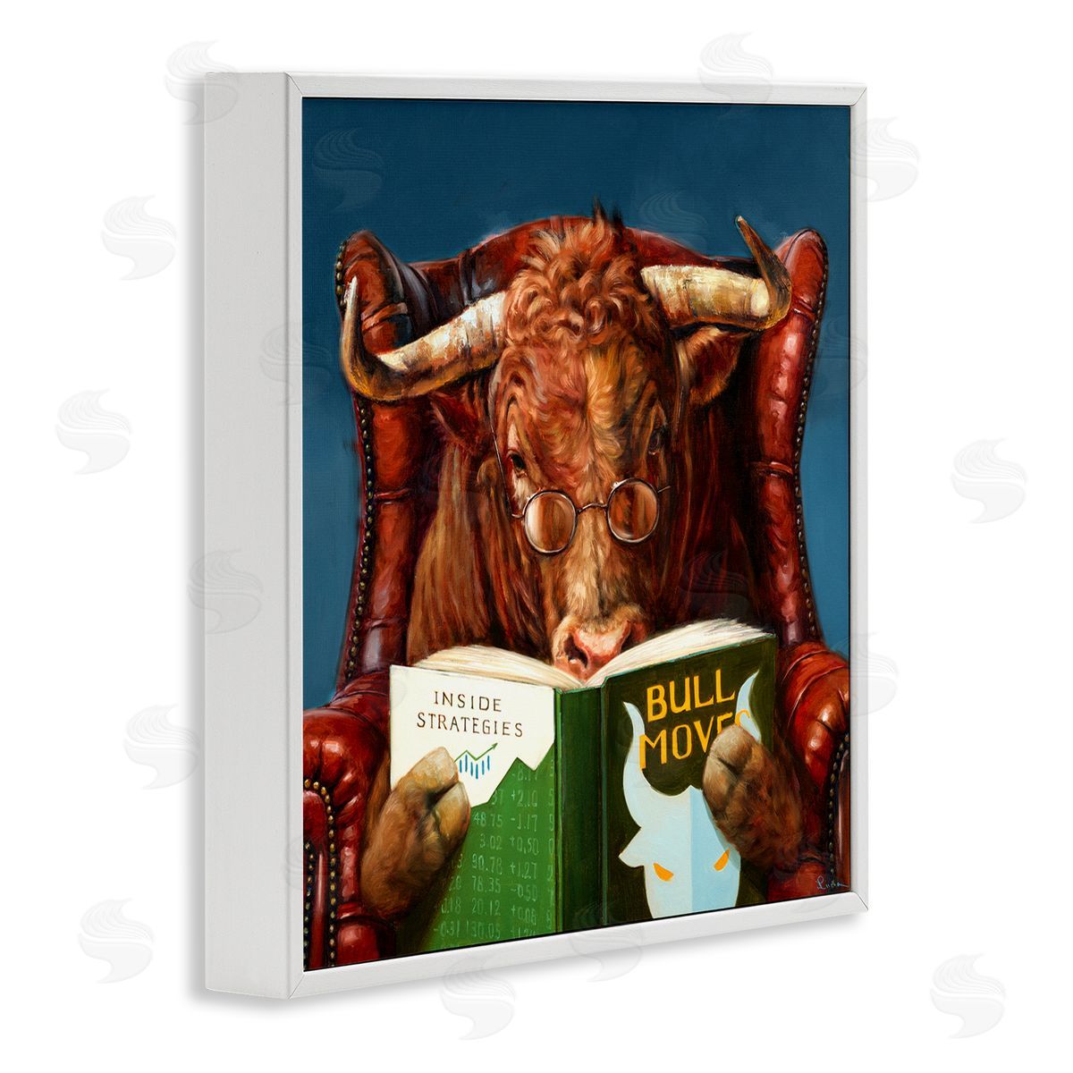 Lucia Heffernan Bull Reading Book Spectacles Red Leather Chair   White Framed Glicee Wall Art Print