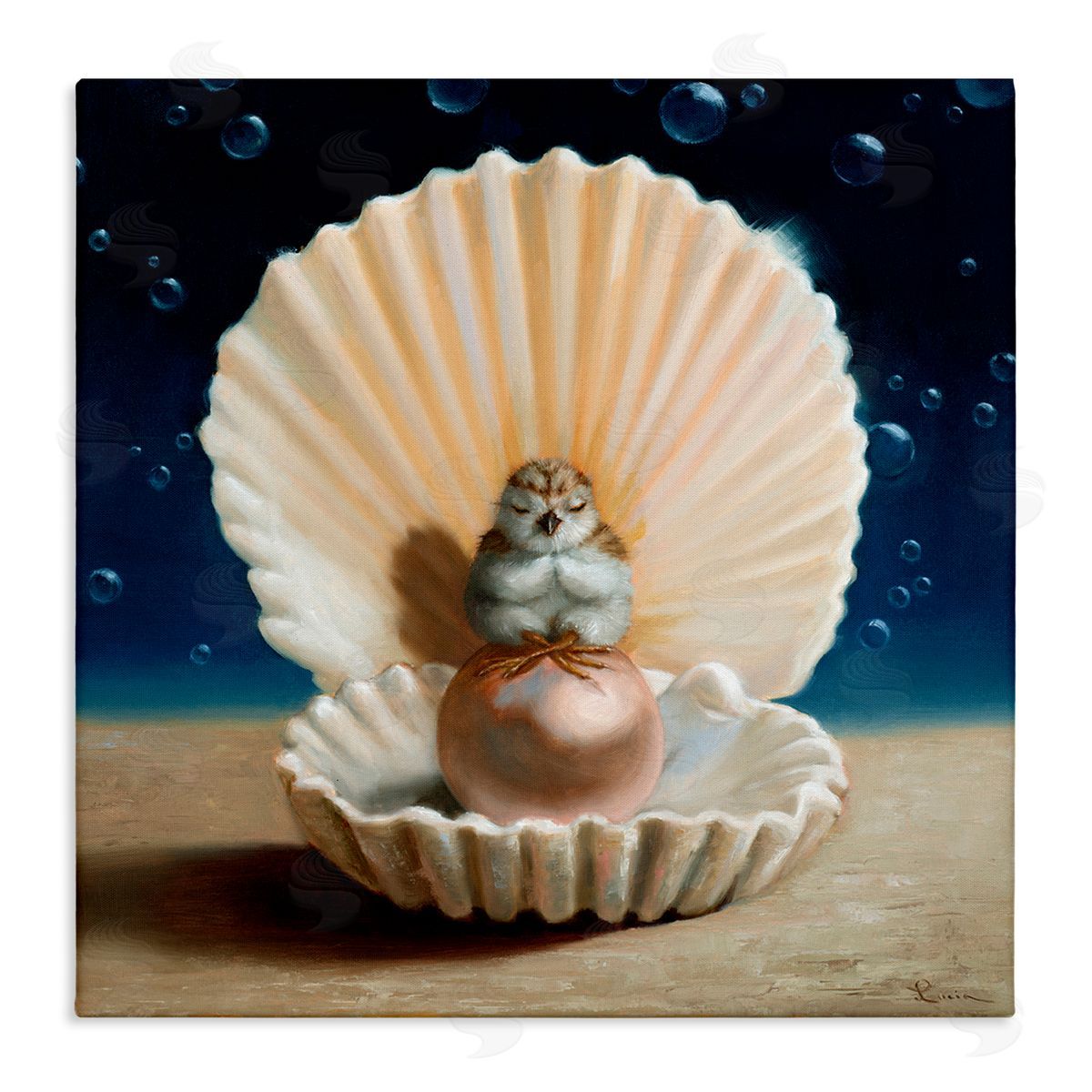 Lucia Heffernan Chick Meditating Clamshell Pearl Underwater Bubbles Stretched Canvas Wall Art Print