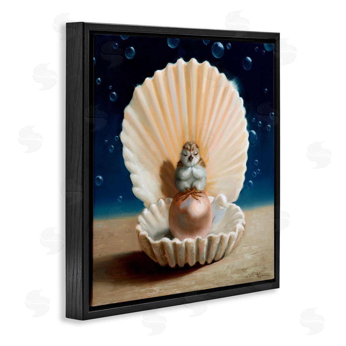 Lucia Heffernan Chick Meditating Clamshell Pearl Underwater Bubbles Black Floating Frame Canvas Wall Art Print