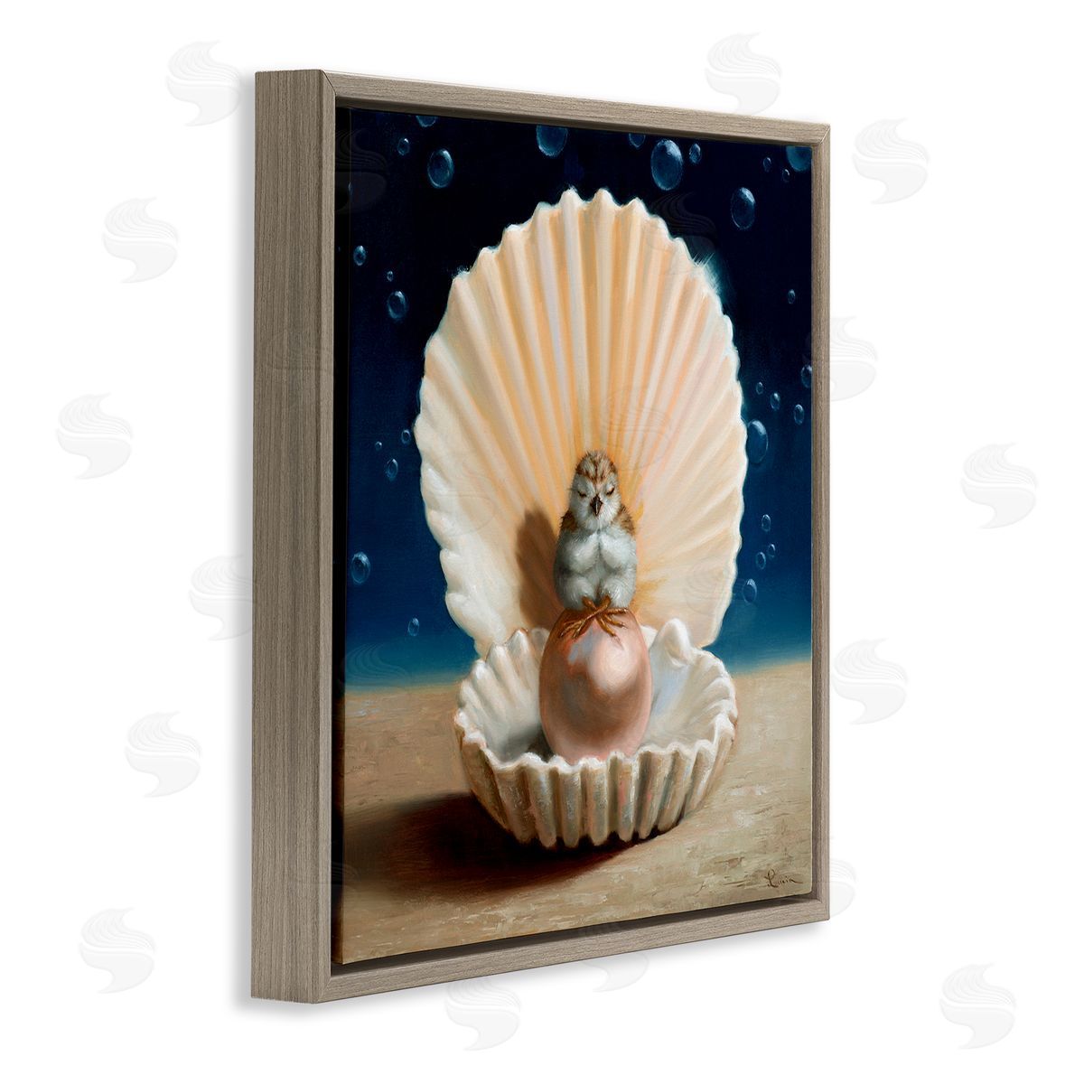 Lucia Heffernan Chick Meditating Clamshell Pearl Underwater Bubbles Brown Floating Frame Canvas Wall Art Print
