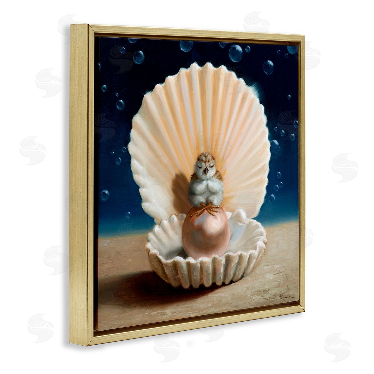 Lucia Heffernan Chick Meditating Clamshell Pearl Underwater Bubbles Gold Floating Frame Canvas Wall Art Print