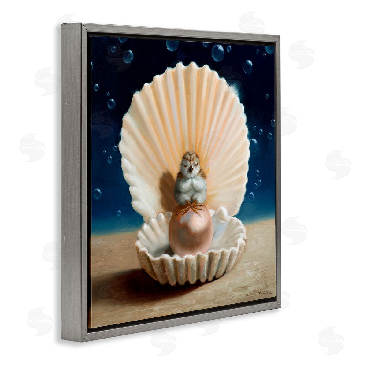 Lucia Heffernan Chick Meditating Clamshell Pearl Underwater Bubbles Gray Floating Frame Canvas Wall Art Print