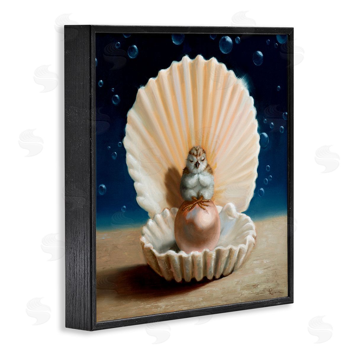 Lucia Heffernan Chick Meditating Clamshell Pearl Underwater Bubbles Black Framed Glicee Wall Art Print