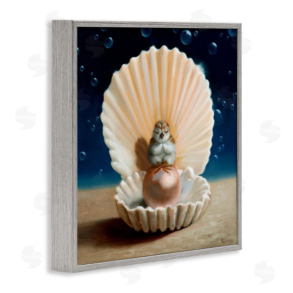 Lucia Heffernan Chick Meditating Clamshell Pearl Underwater Bubbles Gray Framed Glicee Wall Art Print