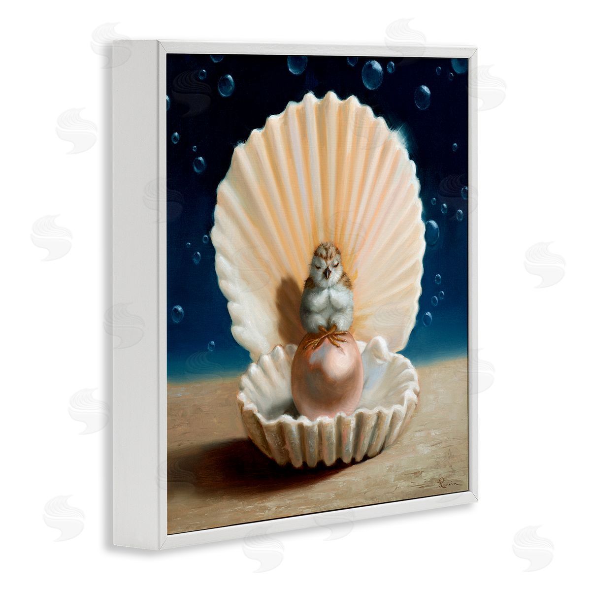 Lucia Heffernan Chick Meditating Clamshell Pearl Underwater Bubbles White Framed Glicee Wall Art Print
