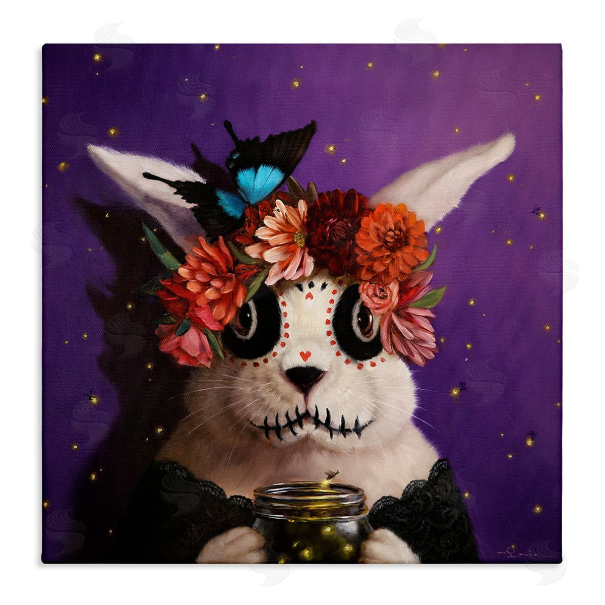 Lucia Heffernan Floral Day Of Dead Face Paint Bunny Butterfly  Stretched Canvas Wall Art Print