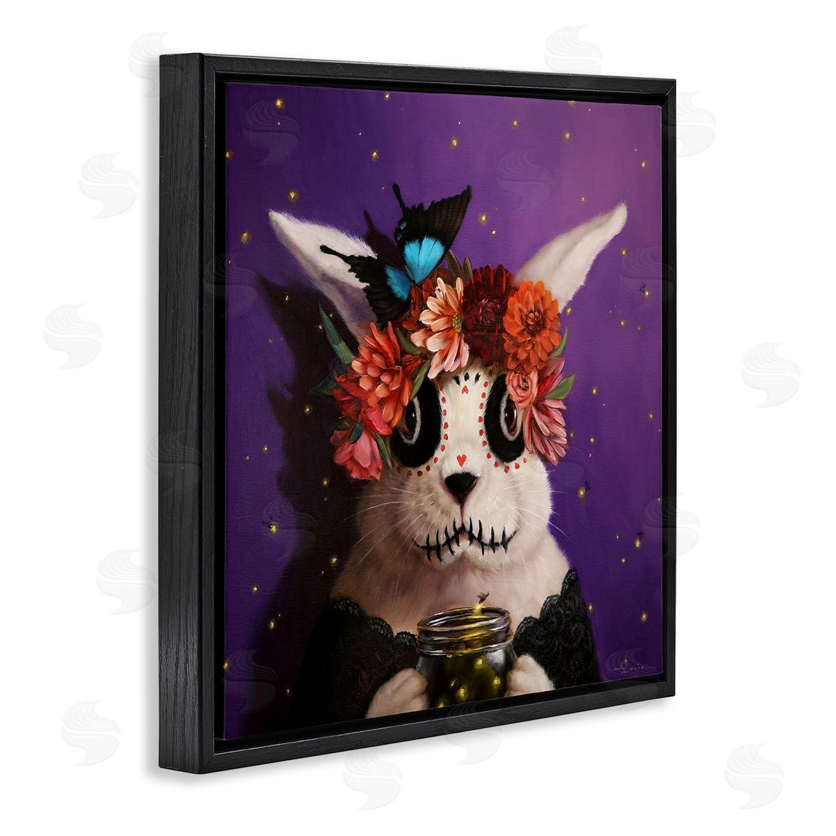 Lucia Heffernan Floral Day Of Dead Face Paint Bunny Butterfly  Black Floating Frame Canvas Wall Art Print