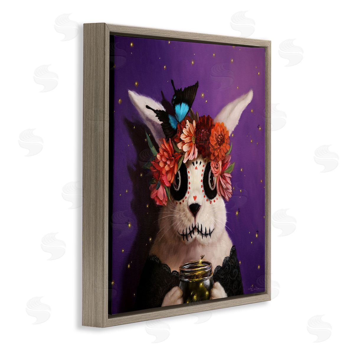 Lucia Heffernan Floral Day Of Dead Face Paint Bunny Butterfly  Brown Floating Frame Canvas Wall Art Print