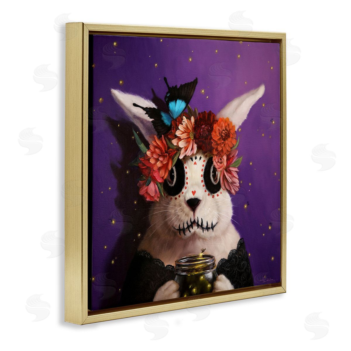 Lucia Heffernan Floral Day Of Dead Face Paint Bunny Butterfly  Gold Floating Frame Canvas Wall Art Print