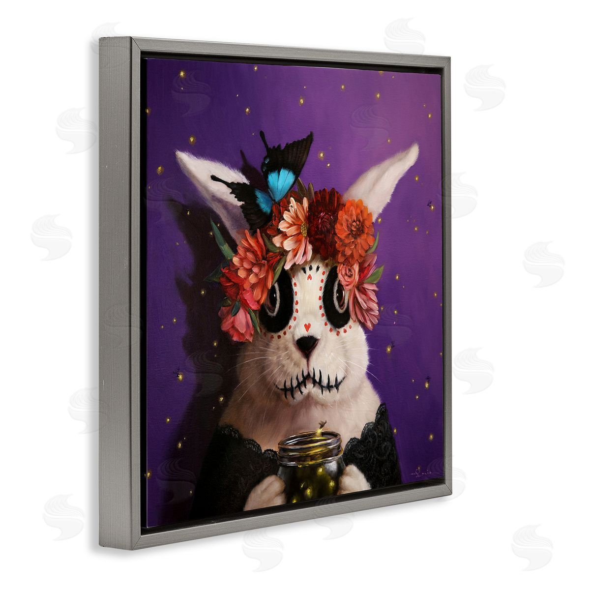 Lucia Heffernan Floral Day Of Dead Face Paint Bunny Butterfly  Gray Floating Frame Canvas Wall Art Print