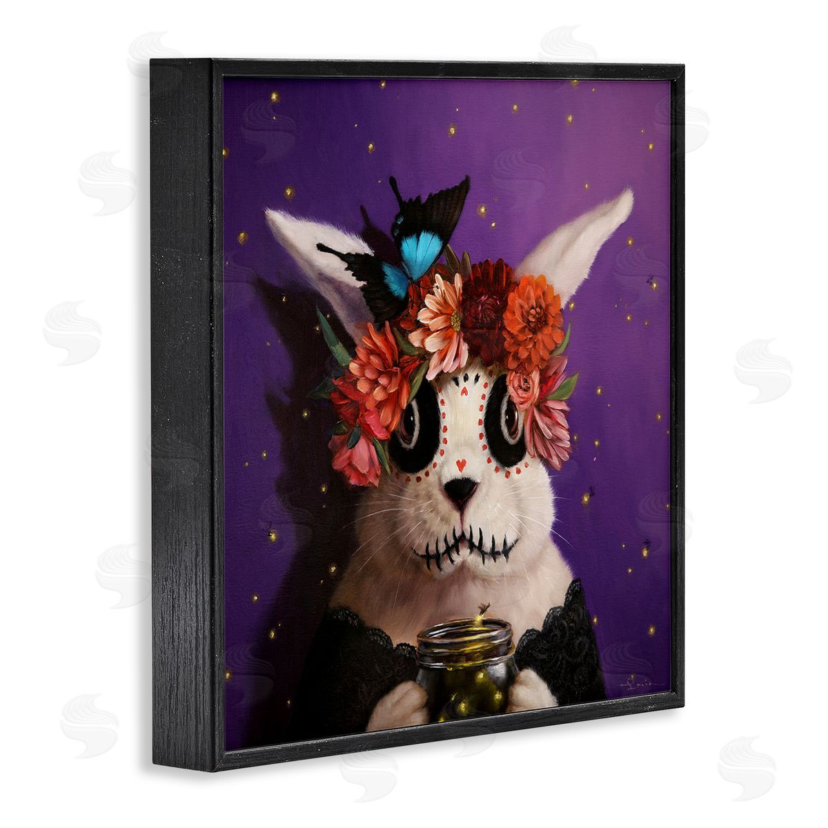 Lucia Heffernan Floral Day Of Dead Face Paint Bunny Butterfly  Black Framed Glicee Wall Art Print