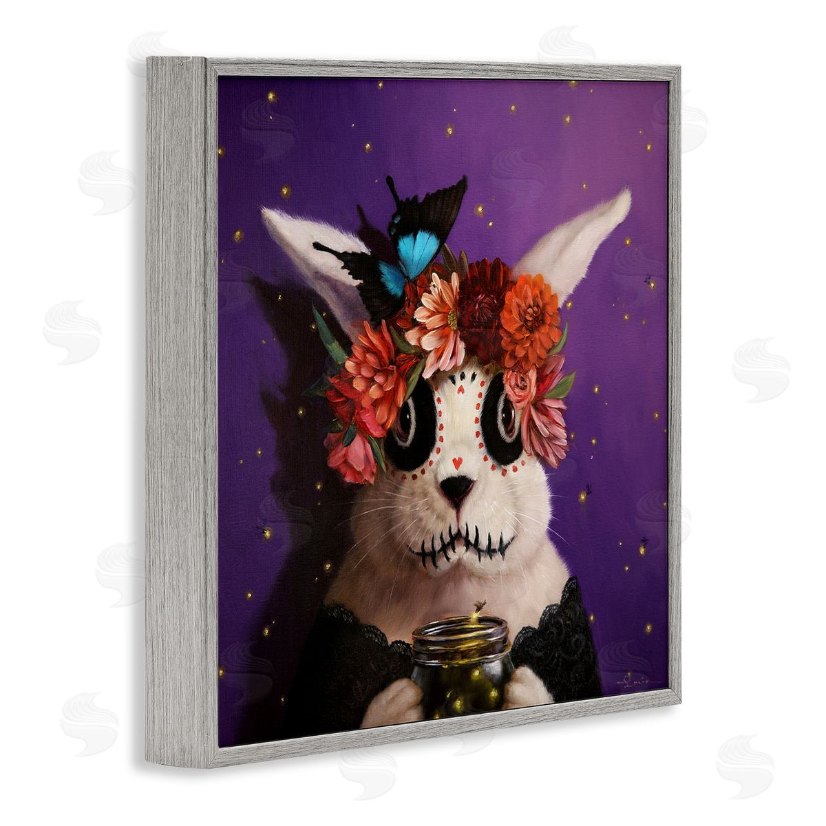 Lucia Heffernan Floral Day Of Dead Face Paint Bunny Butterfly  Gray Framed Glicee Wall Art Print