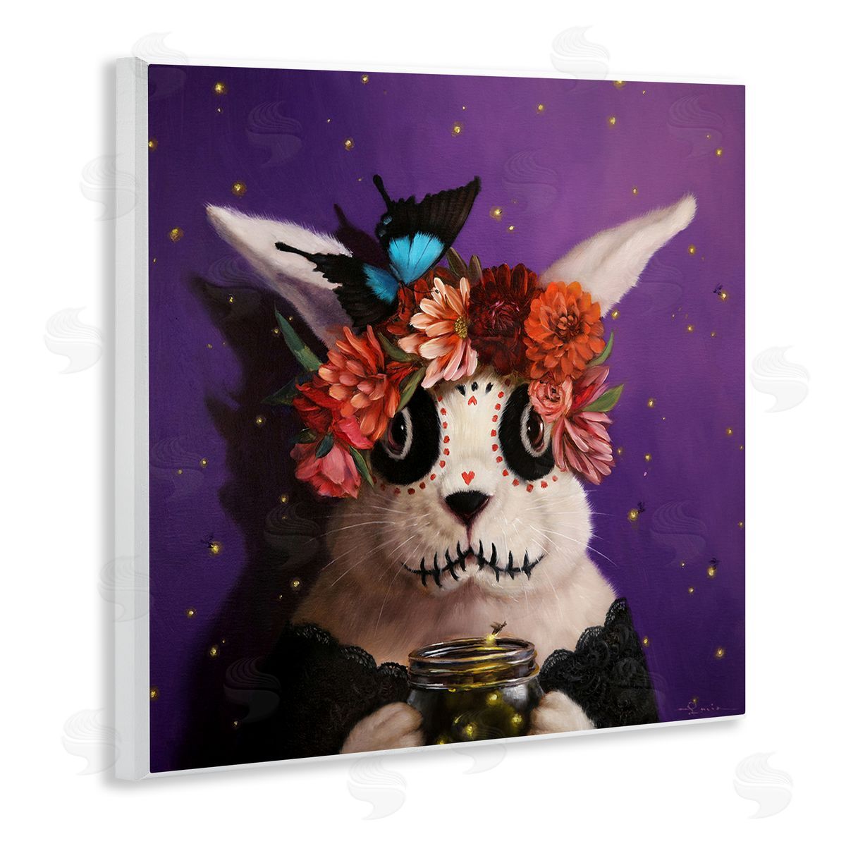 Lucia Heffernan Floral Day Of Dead Face Paint Bunny Butterfly  Wooden Wall Plaque Art Print