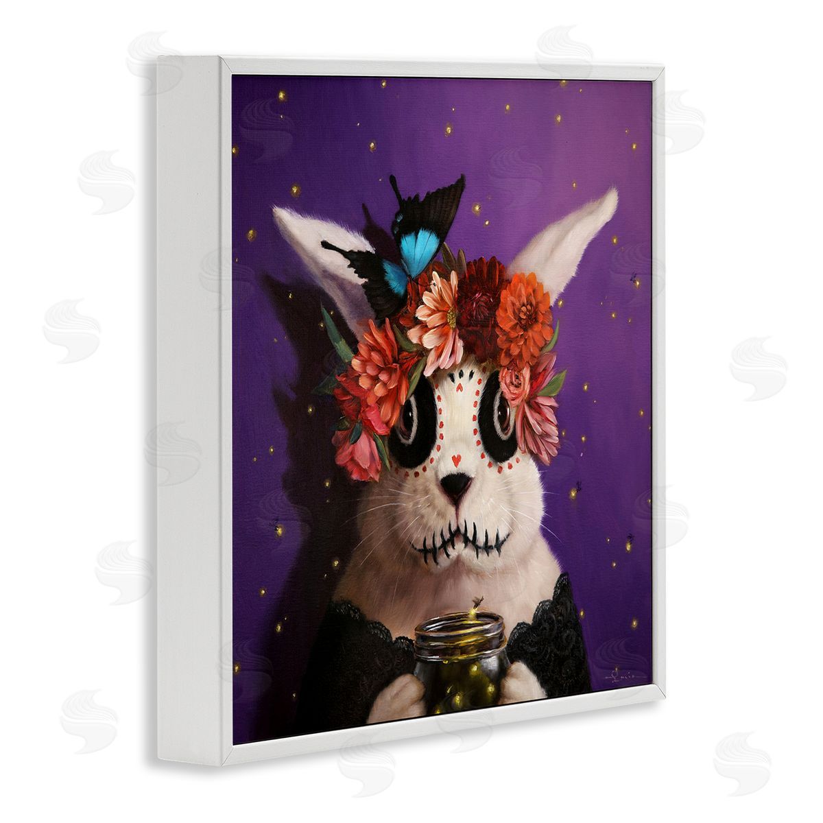 Lucia Heffernan Floral Day Of Dead Face Paint Bunny Butterfly  White Framed Glicee Wall Art Print
