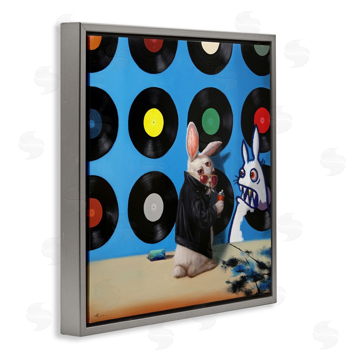 Lucia Heffernan Graffiti Rabbit Third Eye Music Record Pattern  Gray Floating Frame Canvas Wall Art Print