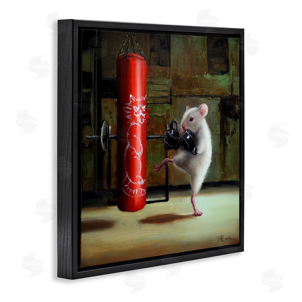 Lucia Heffernan Detailed Mouse Kick Boxing Cat Punching Bag  Black Floating Frame Canvas Wall Art Print