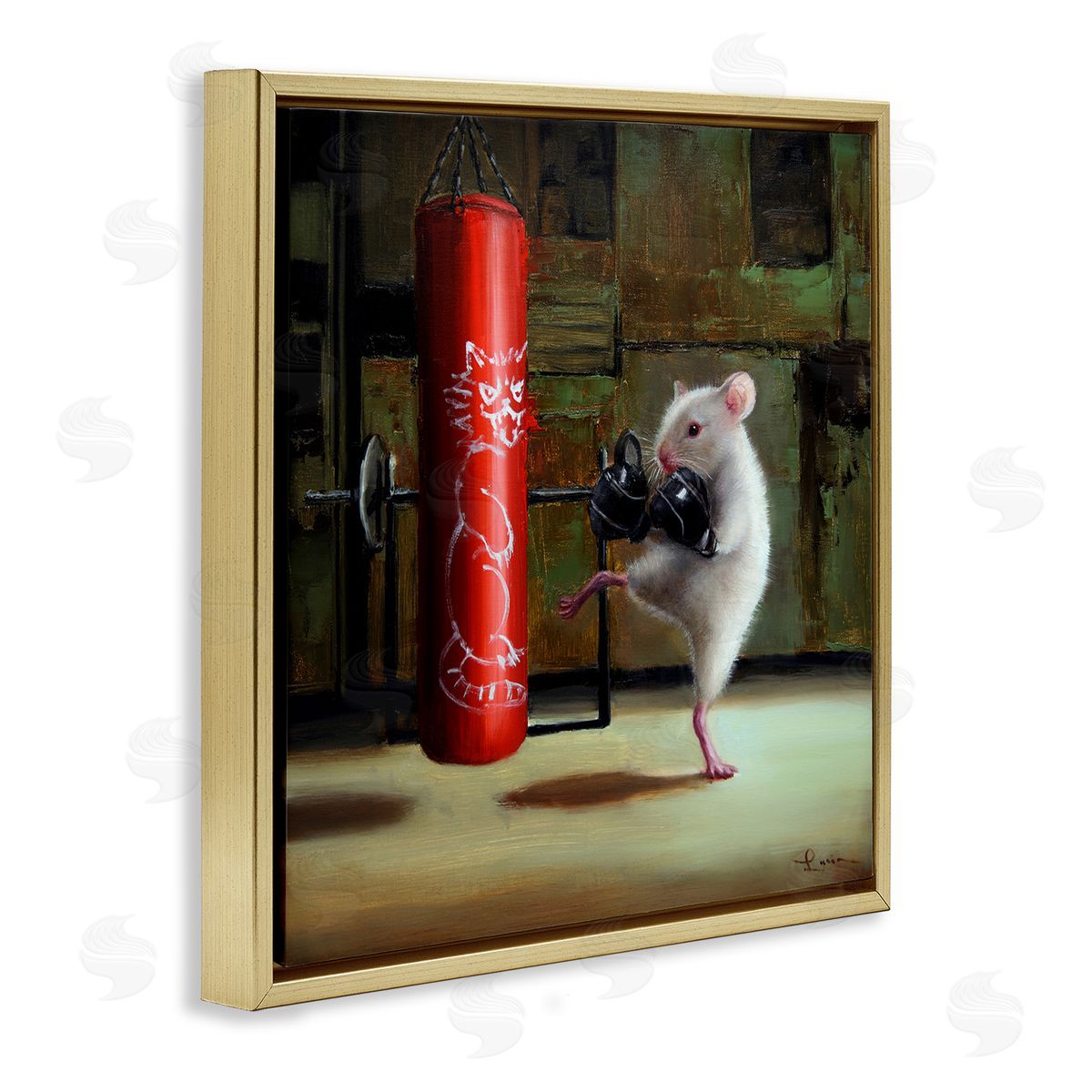 Lucia Heffernan Detailed Mouse Kick Boxing Cat Punching Bag  Gold Floating Frame Canvas Wall Art Print