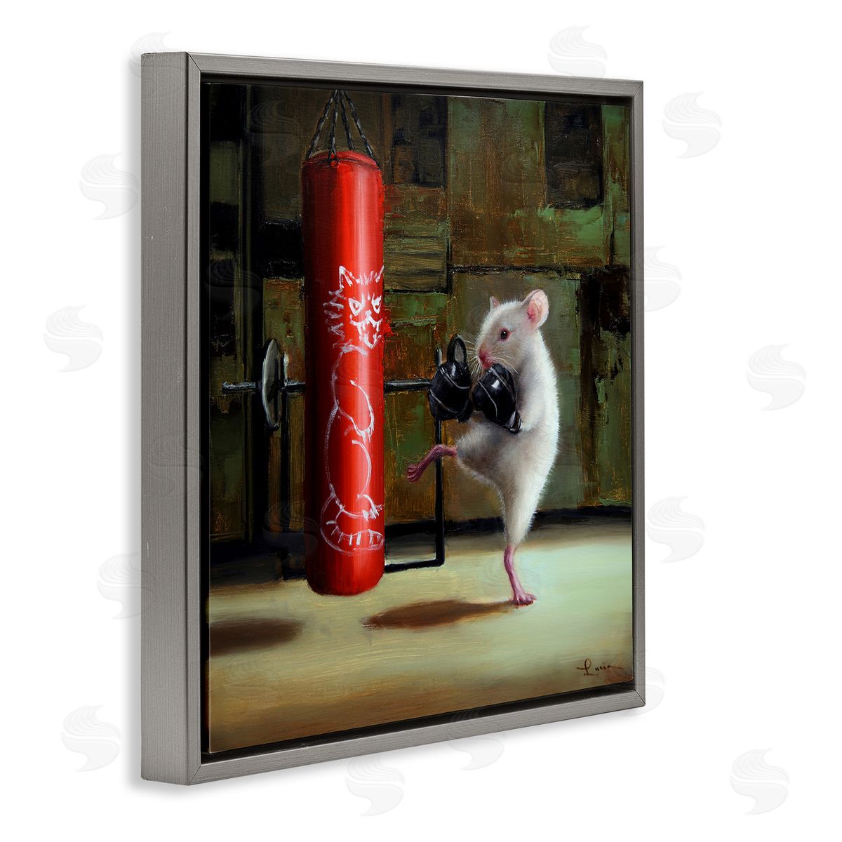 Lucia Heffernan Detailed Mouse Kick Boxing Cat Punching Bag  Gray Floating Frame Canvas Wall Art Print
