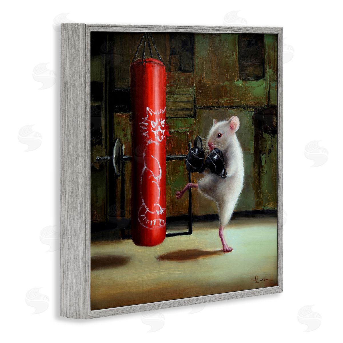 Lucia Heffernan Detailed Mouse Kick Boxing Cat Punching Bag  Gray Framed Glicee Wall Art Print