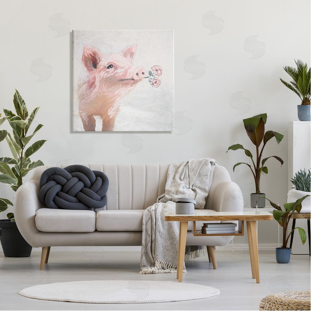 White Ladder Lovely Pink Country Pig Flower Blossoms Painting Canvas Wall Art in Room