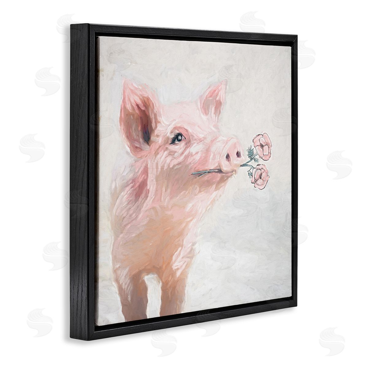 White Ladder Lovely Pink Country Pig Flower Blossoms Painting Black Floating Frame Canvas Wall Art Print