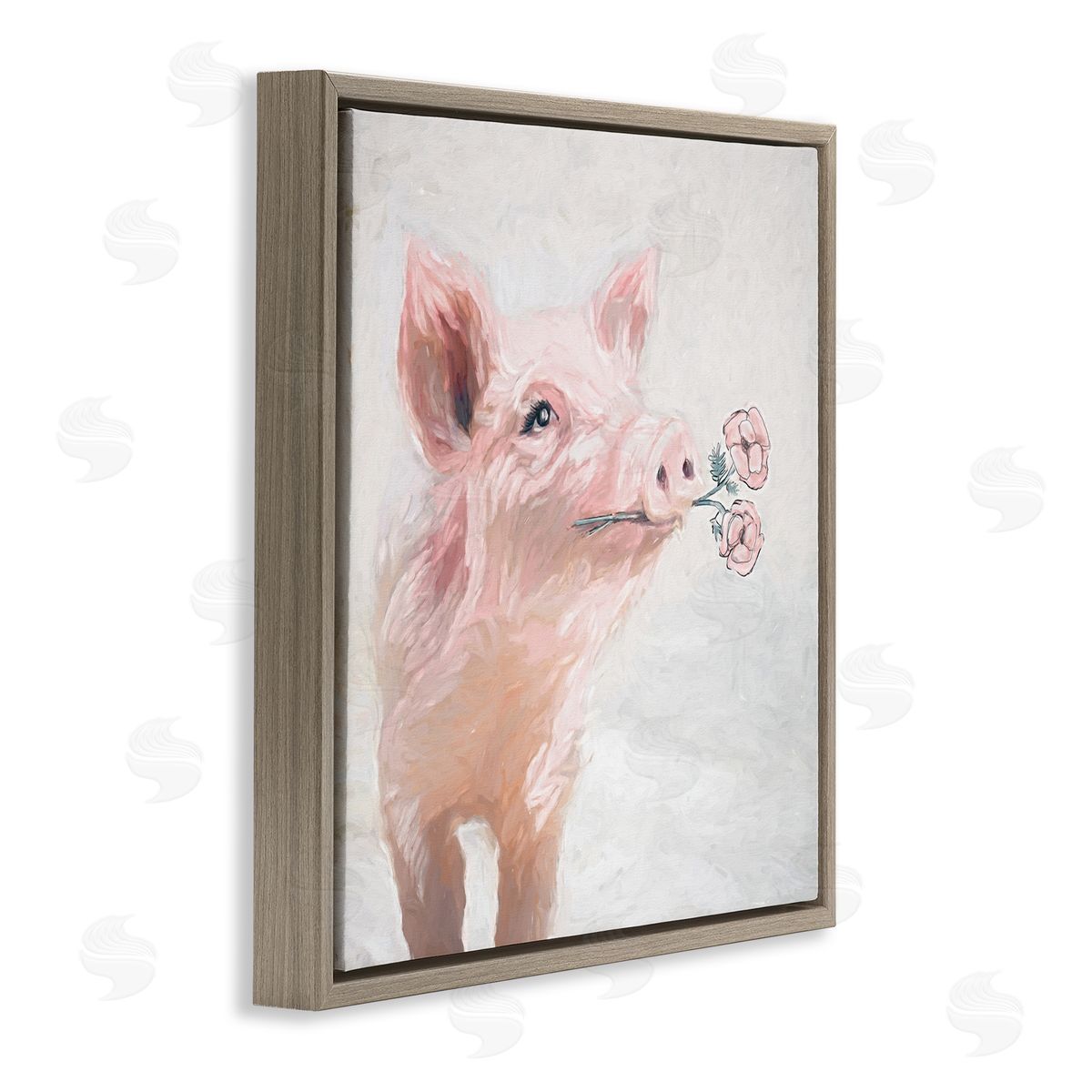 White Ladder Lovely Pink Country Pig Flower Blossoms Painting Brown Floating Frame Canvas Wall Art Print