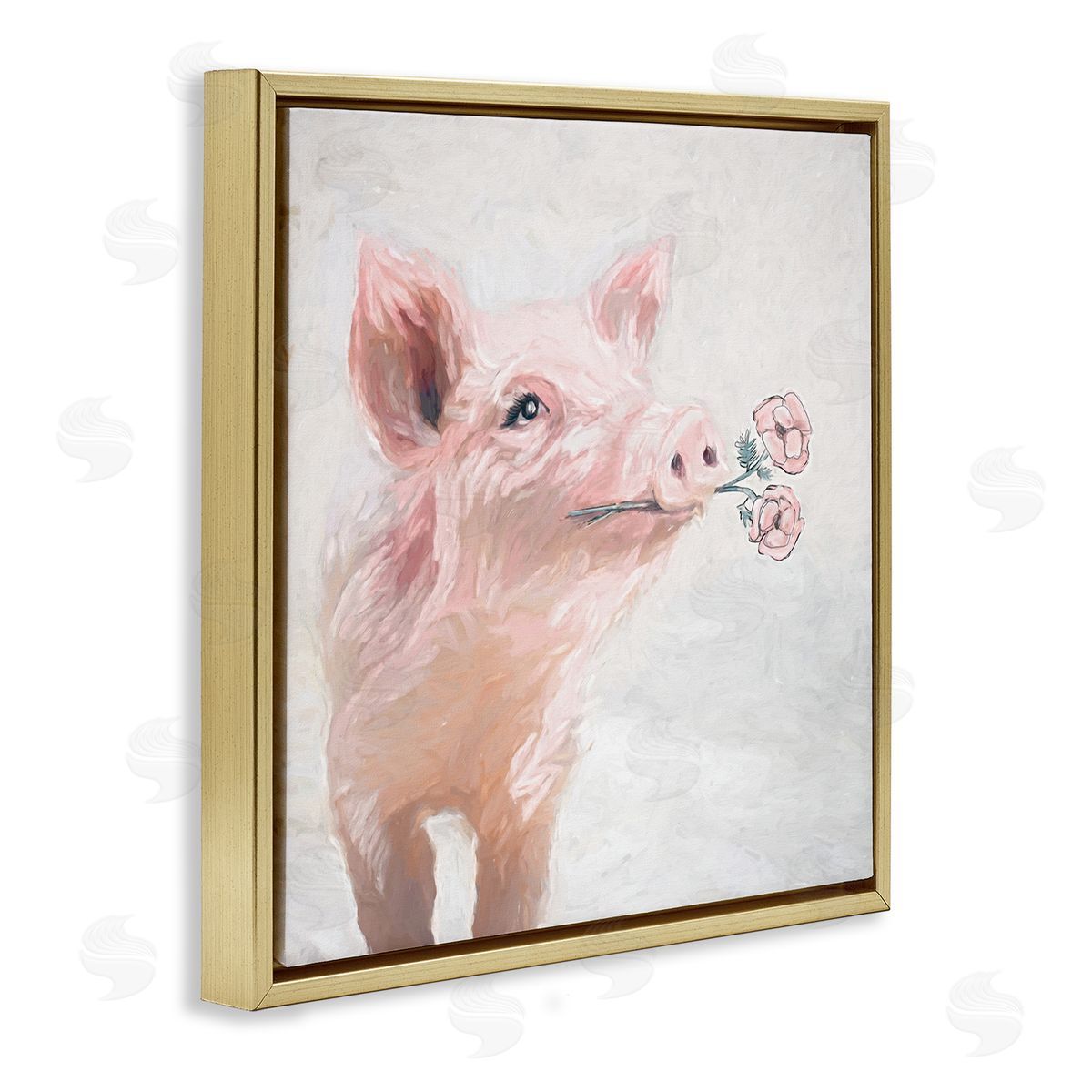White Ladder Lovely Pink Country Pig Flower Blossoms Painting Gold Floating Frame Canvas Wall Art Print