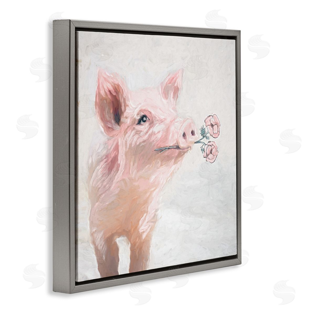 White Ladder Lovely Pink Country Pig Flower Blossoms Painting Gray Floating Frame Canvas Wall Art Print