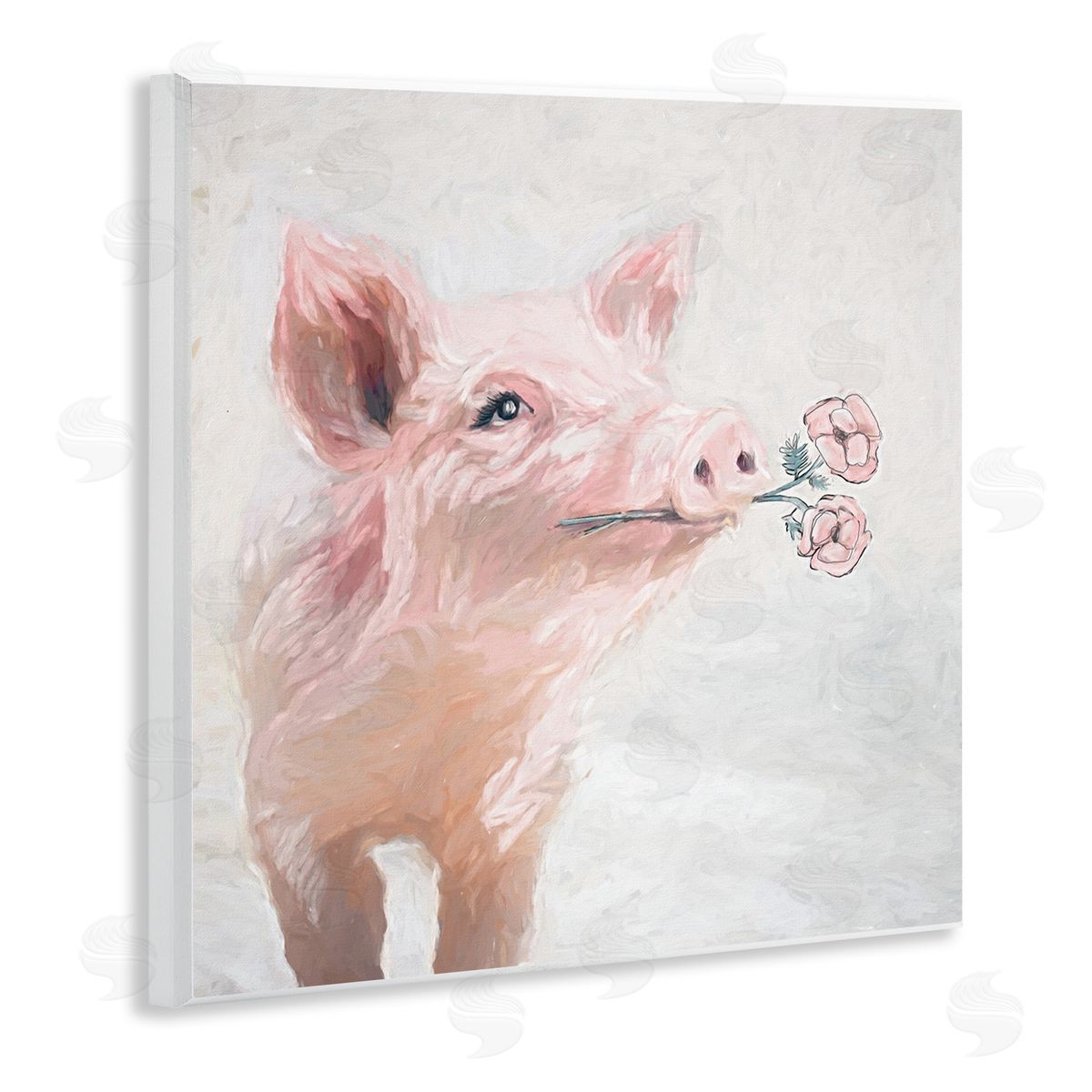 White Ladder Lovely Pink Country Pig Flower Blossoms Painting Wooden Wall Plaque Art Print