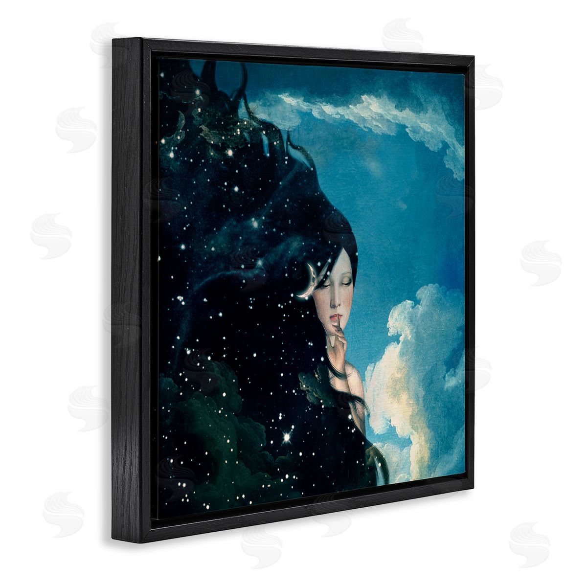 Paula Belle Flores Abstract Starry Night Sky Hair Daytime Clouds Black Floating Frame Canvas Wall Art Print