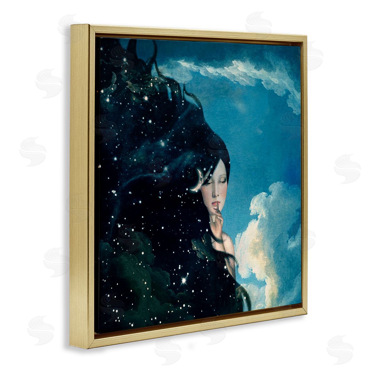 Paula Belle Flores Abstract Starry Night Sky Hair Daytime Clouds Gold Floating Frame Canvas Wall Art Print