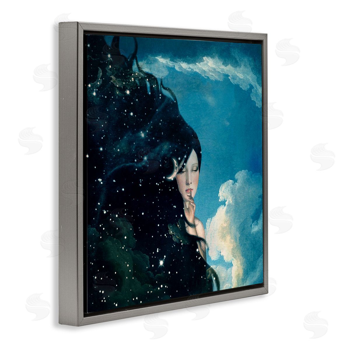 Paula Belle Flores Abstract Starry Night Sky Hair Daytime Clouds Gray Floating Frame Canvas Wall Art Print