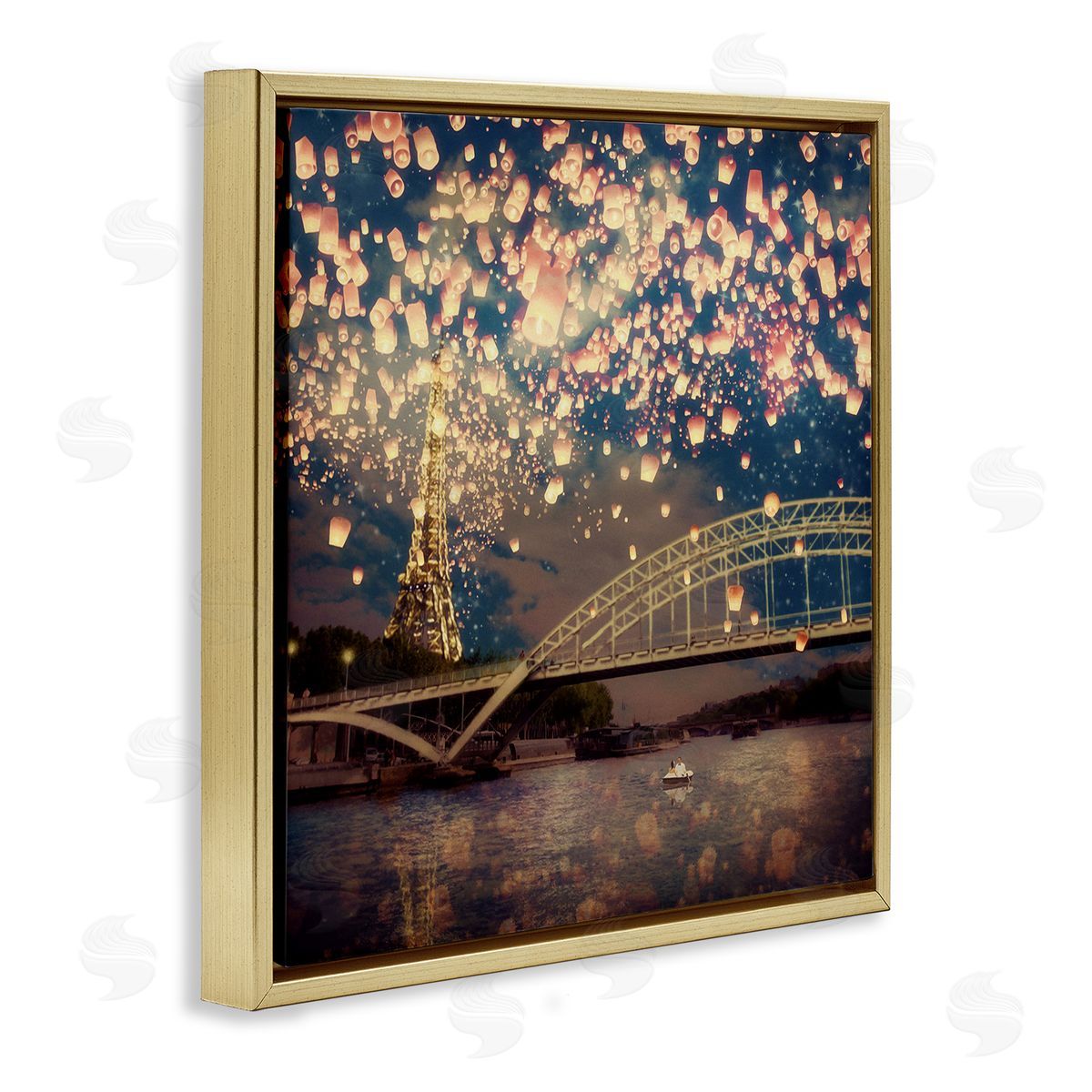 Paula Belle Flores Luminous Lanterns Parisian City Skyline Modern Bridge Gold Floating Frame Canvas Wall Art Print