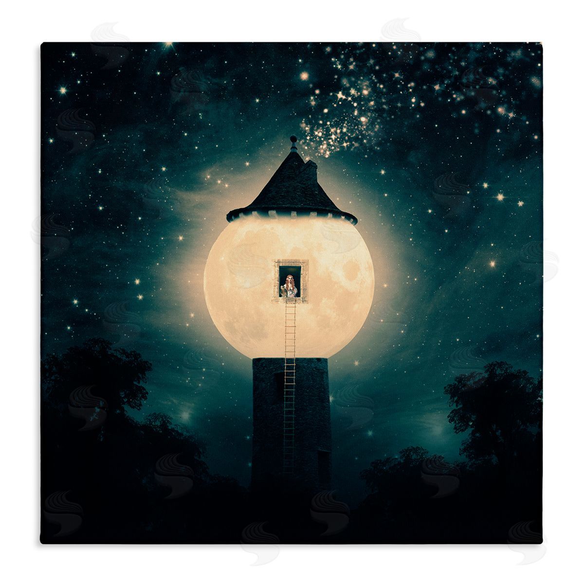 Paula Belle Flores Abstract Lunar Tower Beautiful Starry Sky Forest Stretched Canvas Wall Art Print