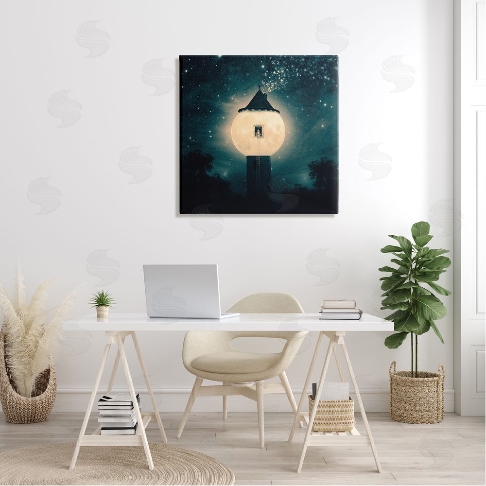 Paula Belle Flores Abstract Lunar Tower Beautiful Starry Sky Forest Canvas Wall Art in Room