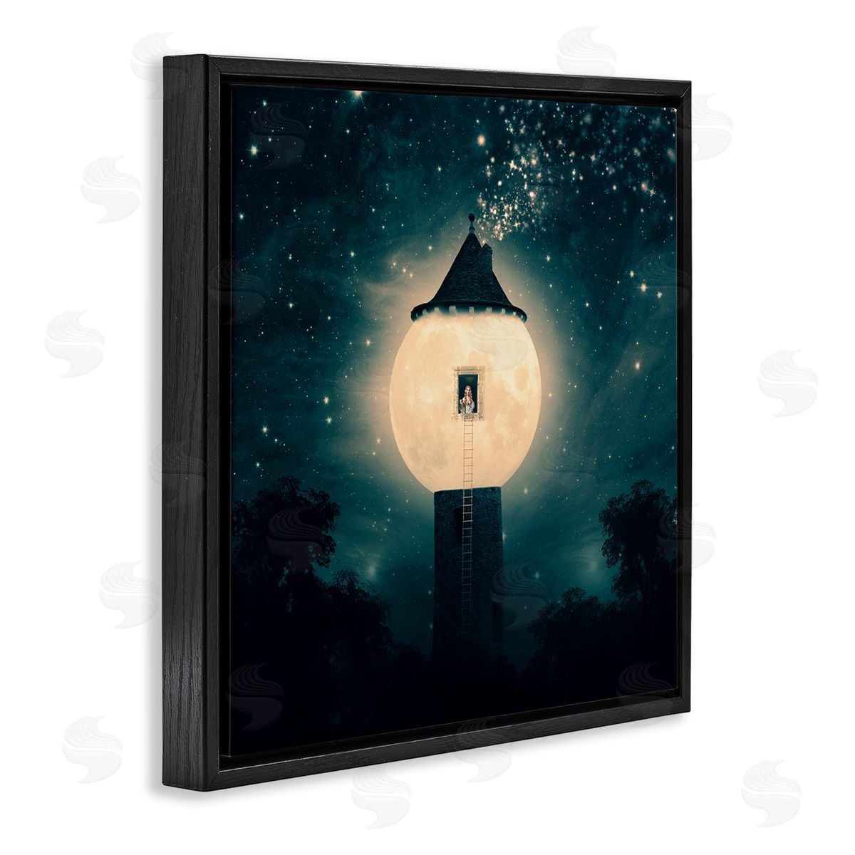 Paula Belle Flores Abstract Lunar Tower Beautiful Starry Sky Forest Black Floating Frame Canvas Wall Art Print