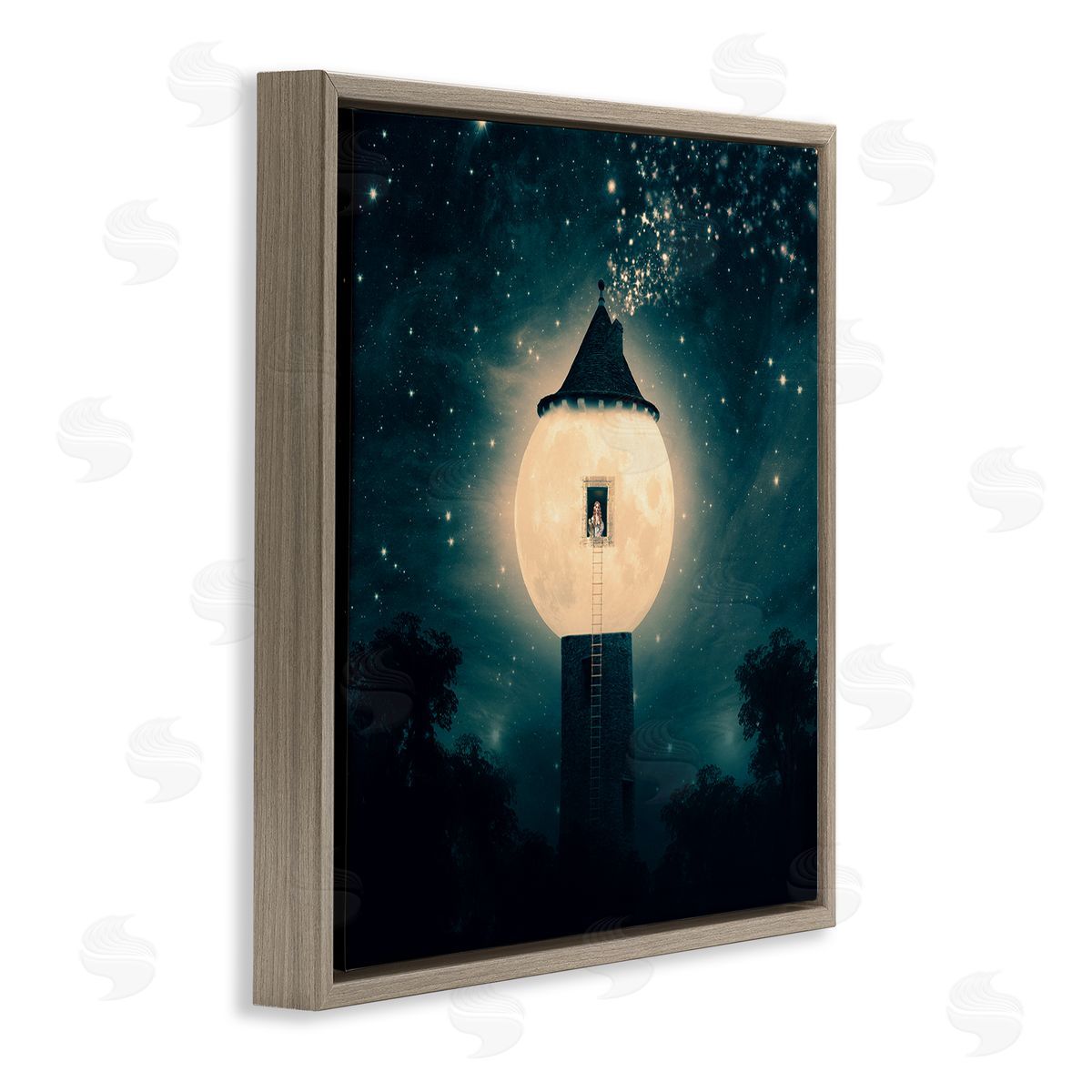 Paula Belle Flores Abstract Lunar Tower Beautiful Starry Sky Forest Brown Floating Frame Canvas Wall Art Print