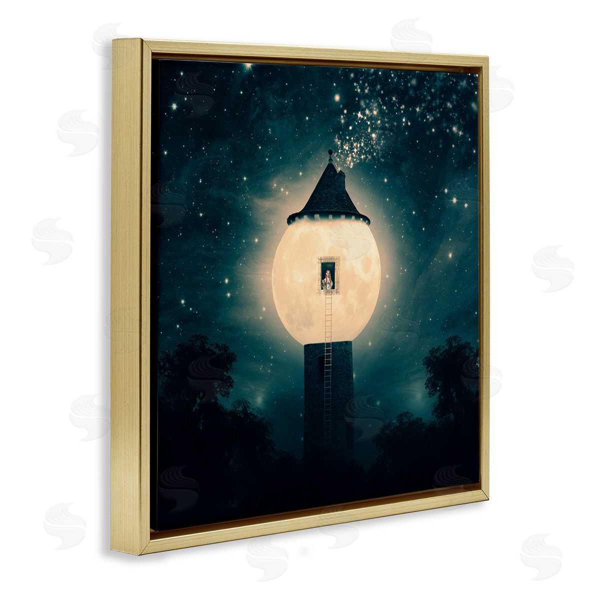 Paula Belle Flores Abstract Lunar Tower Beautiful Starry Sky Forest Gold Floating Frame Canvas Wall Art Print