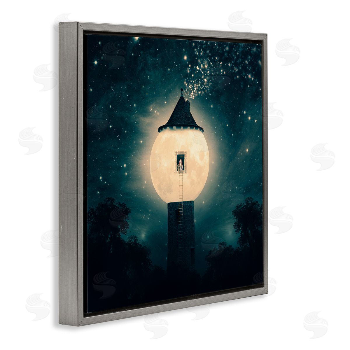 Paula Belle Flores Abstract Lunar Tower Beautiful Starry Sky Forest Gray Floating Frame Canvas Wall Art Print