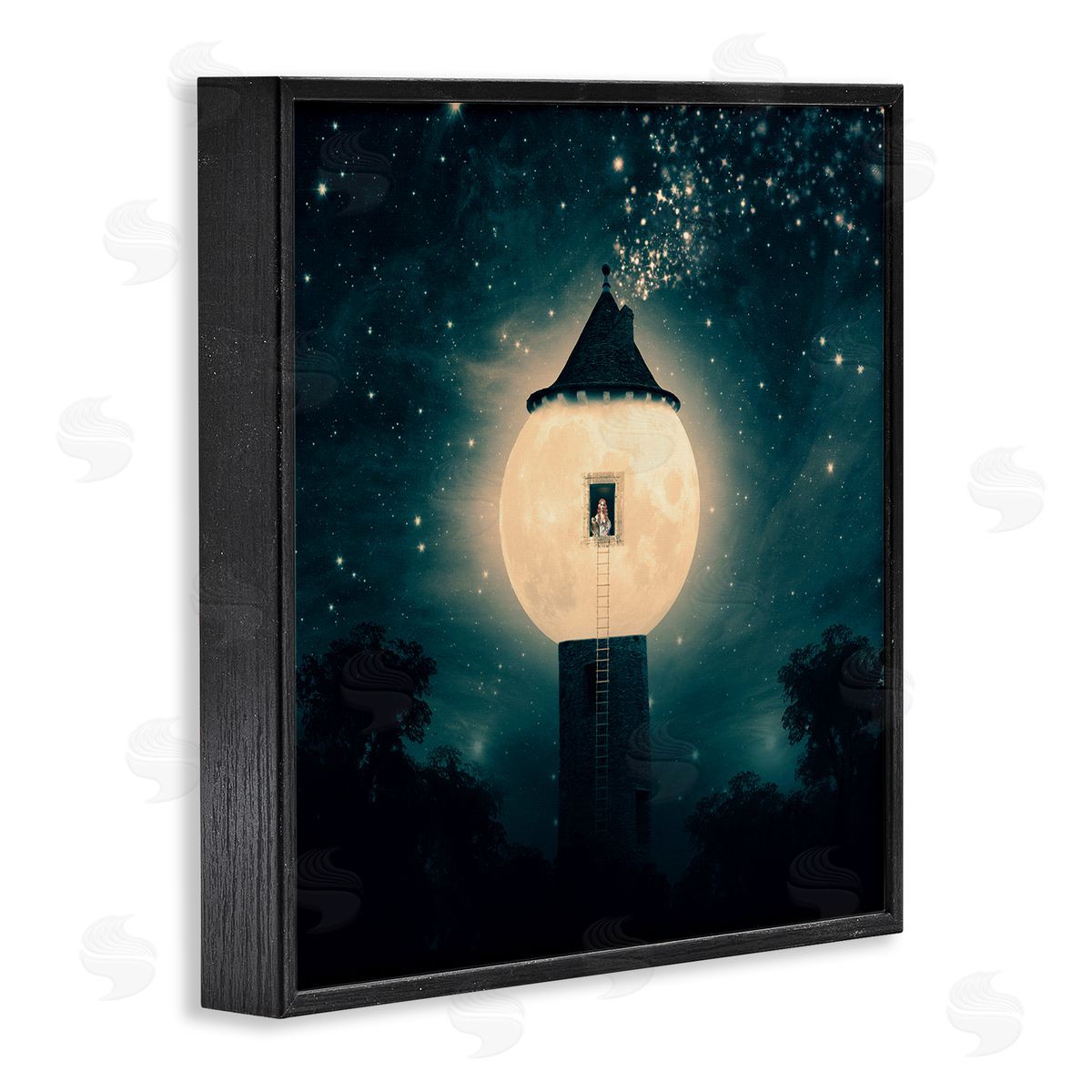 Paula Belle Flores Abstract Lunar Tower Beautiful Starry Sky Forest Black Framed Glicee Wall Art Print