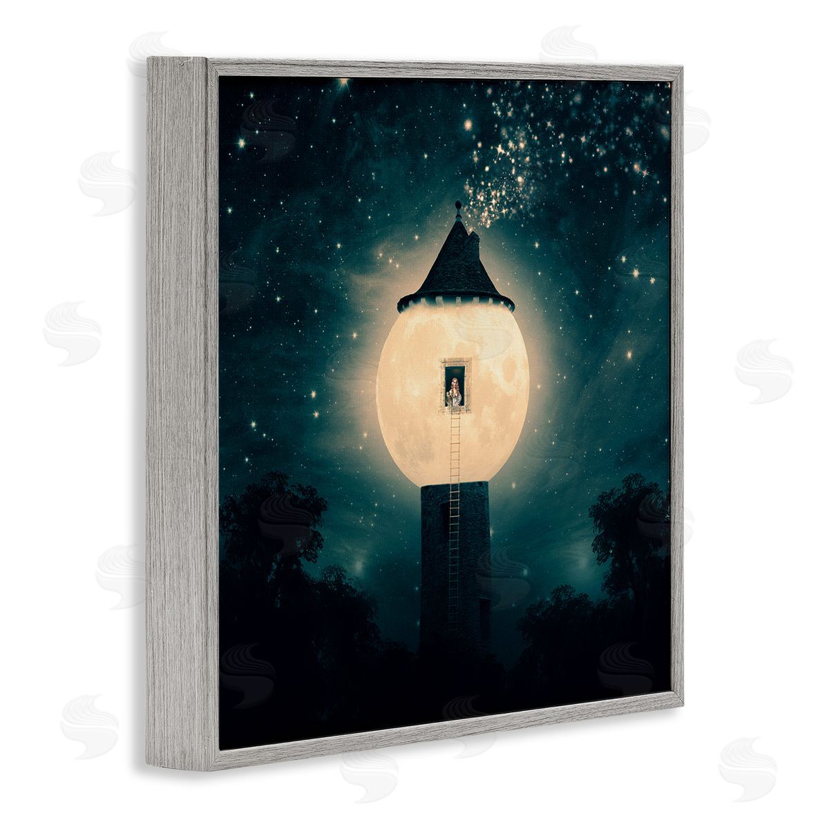 Paula Belle Flores Abstract Lunar Tower Beautiful Starry Sky Forest Gray Framed Glicee Wall Art Print