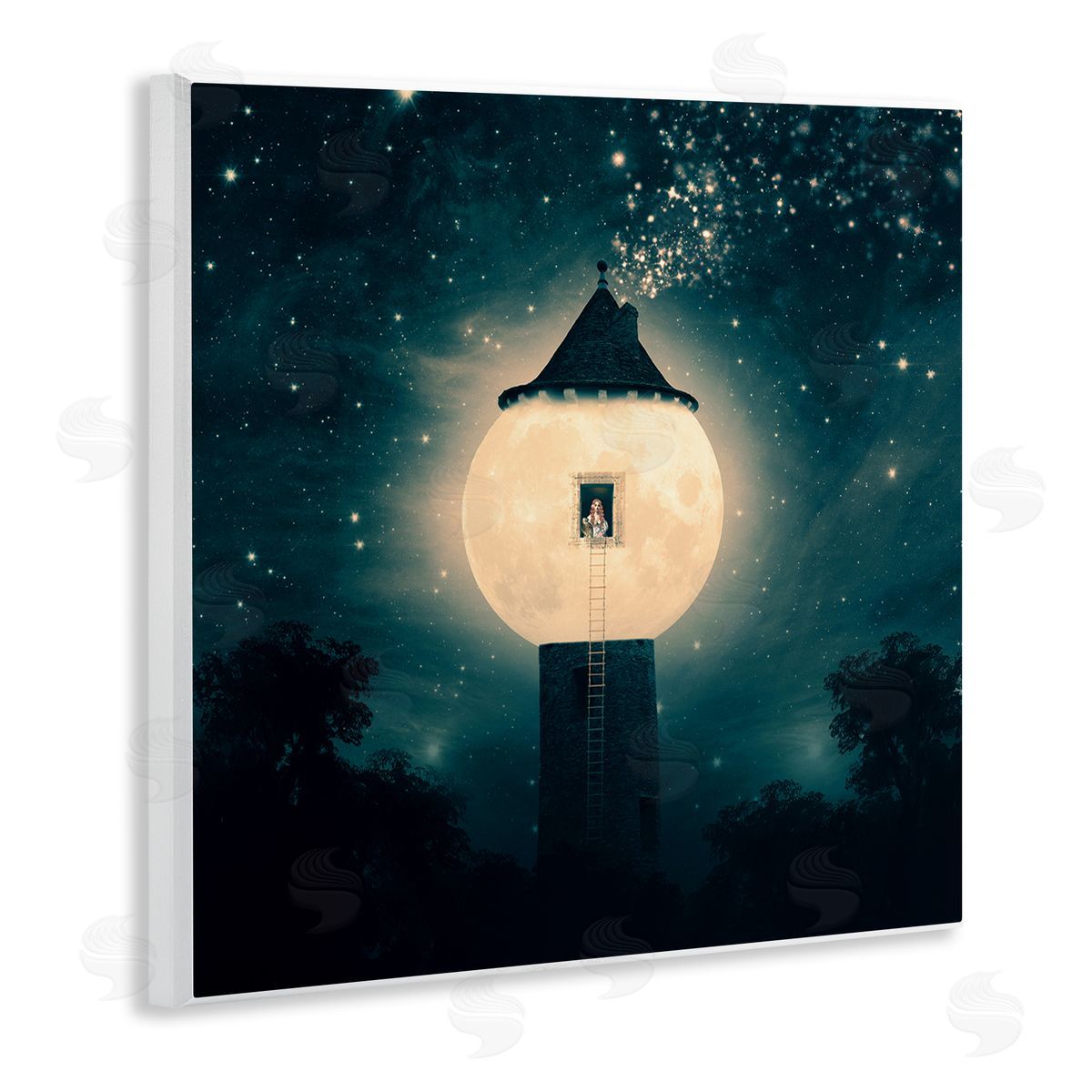 Paula Belle Flores Abstract Lunar Tower Beautiful Starry Sky Forest Wooden Wall Plaque Art Print