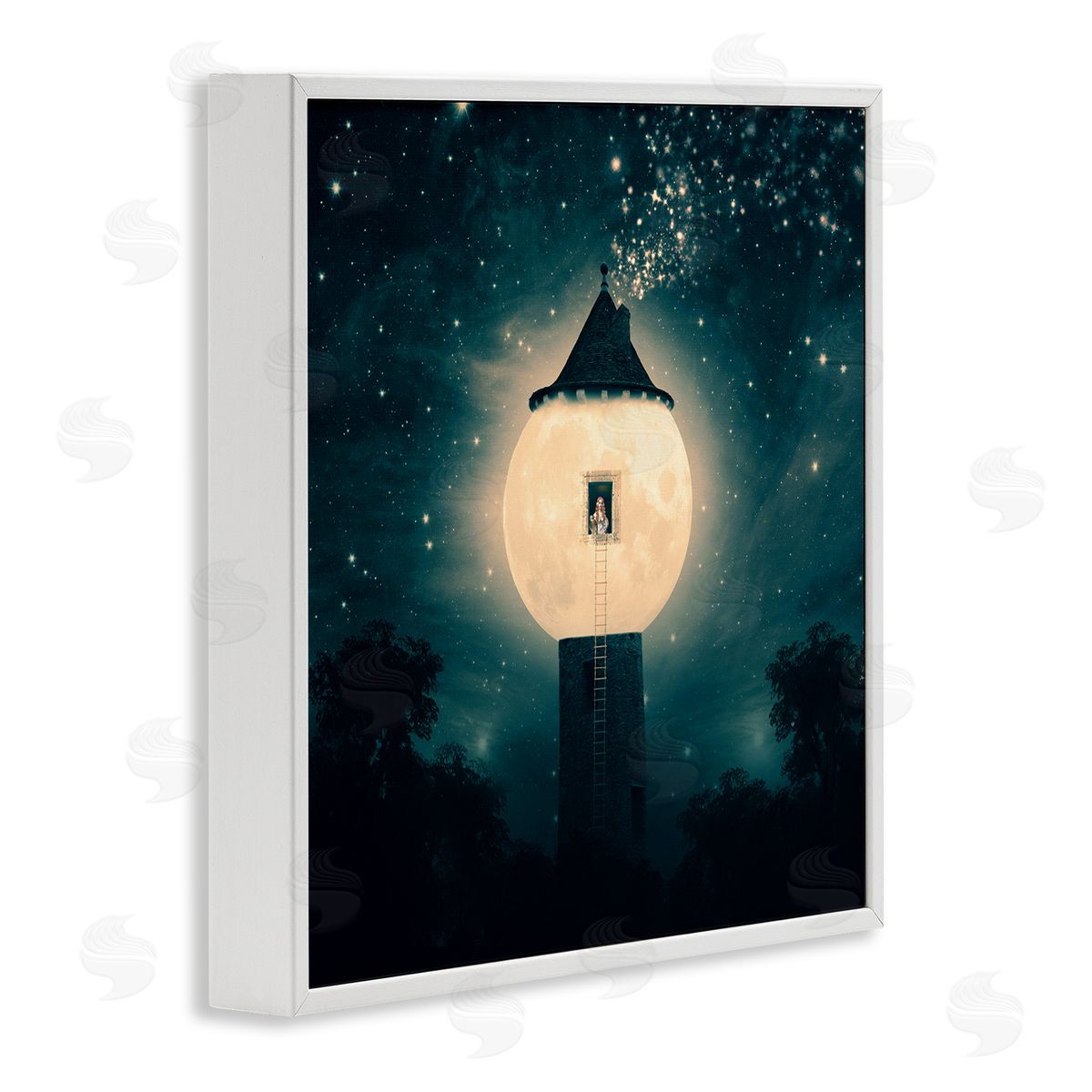 Paula Belle Flores Abstract Lunar Tower Beautiful Starry Sky Forest White Framed Glicee Wall Art Print