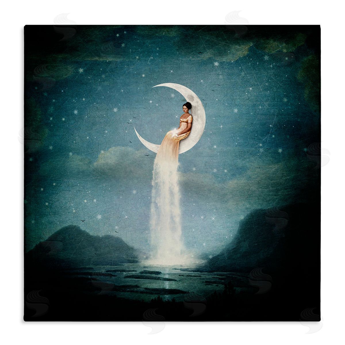 Paula Belle Flores Mountainous Ocean Landscape Moon Dress Waterfall Stretched Canvas Wall Art Print