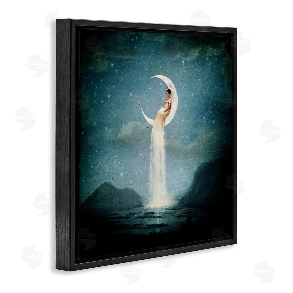 Paula Belle Flores Mountainous Ocean Landscape Moon Dress Waterfall Black Floating Frame Canvas Wall Art Print