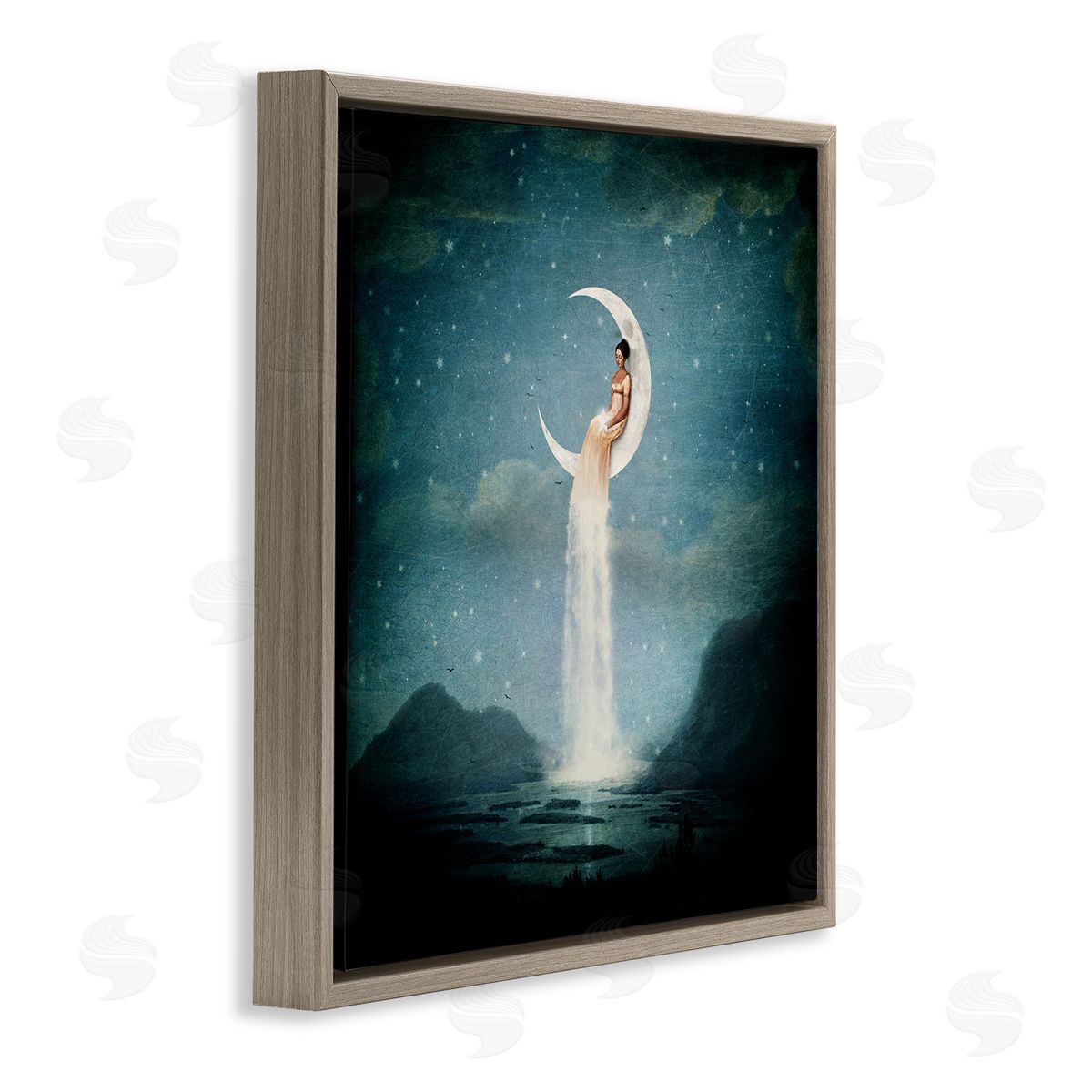 Paula Belle Flores Mountainous Ocean Landscape Moon Dress Waterfall Brown Floating Frame Canvas Wall Art Print