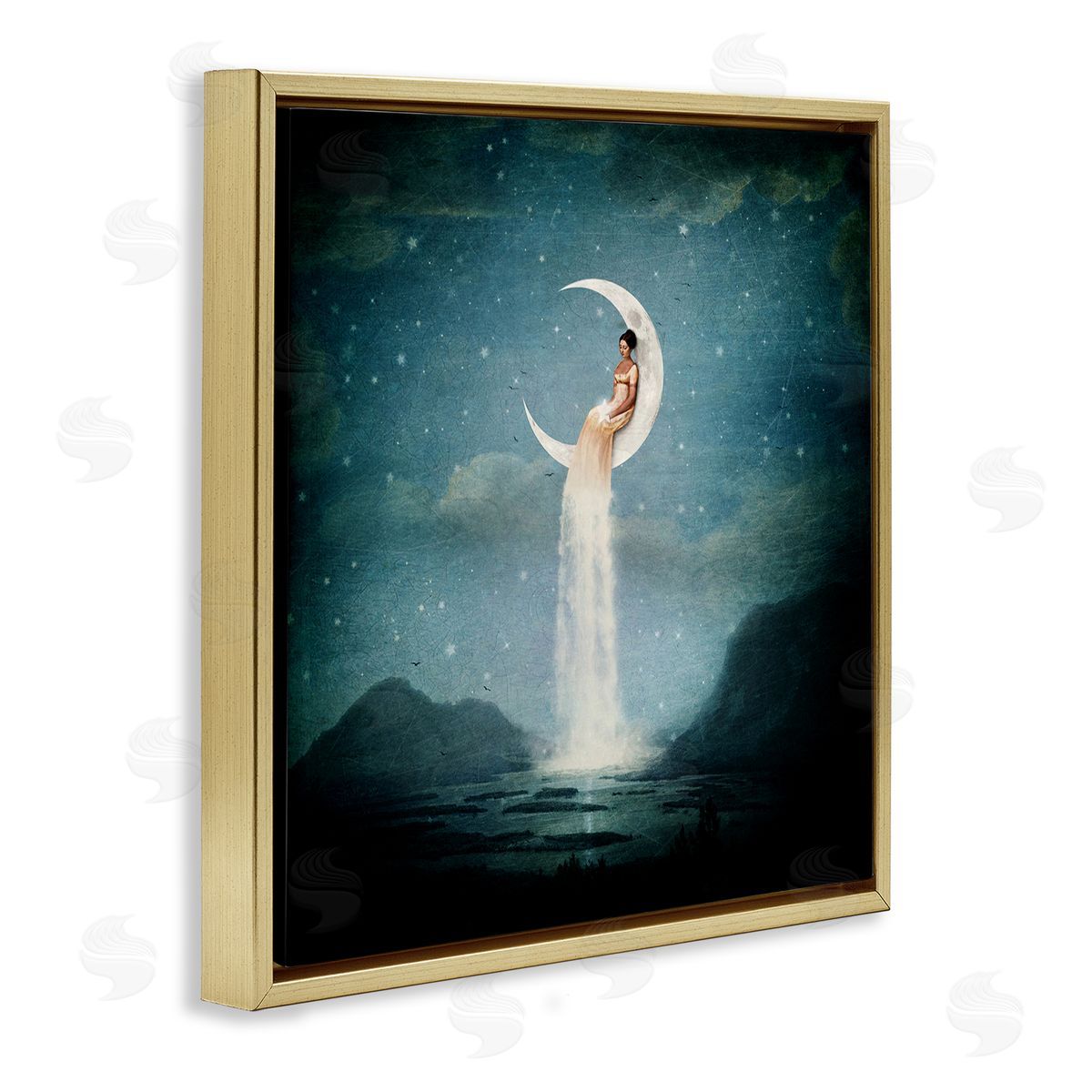 Paula Belle Flores Mountainous Ocean Landscape Moon Dress Waterfall Gold Floating Frame Canvas Wall Art Print
